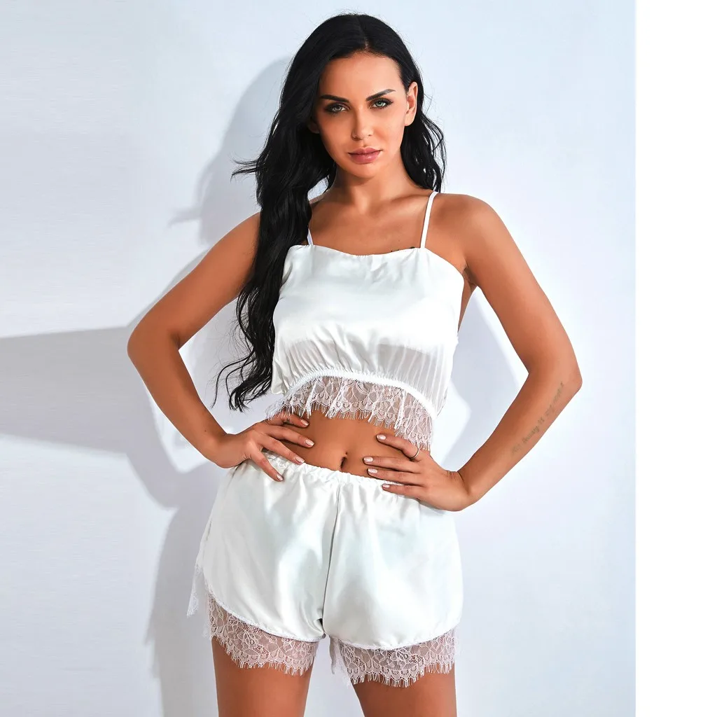 Женский атласный кружевной бюстгальтер шелковые пижамы белые шорты комплект
