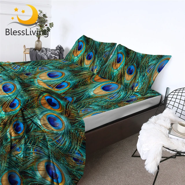 BlessLiving Peacock Feather Fitted Sheet King Bird Bed Sheet Set Aqua Blue Turquoise Flat Sheet Set Fantasy Sparkly 4pcs Bedding 1