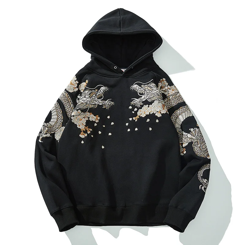 

Aolamegs Men's Fleece Hoodies Japanese Hooded Sweatshirt Dragon Phoenix Embroidery Autumn Retro Casual Pullover High Street Tops