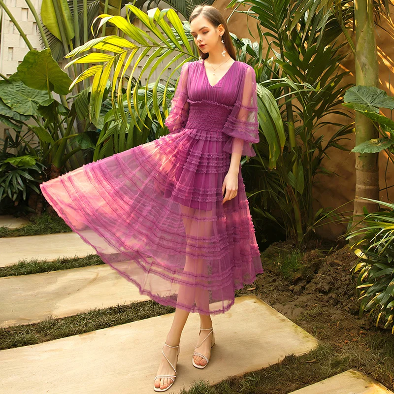 

New Arrival Elegant Mesh Dress Vintage V-neck Lantern Sleeve Solid Empire Dress Purple Lace Long Dress 65724
