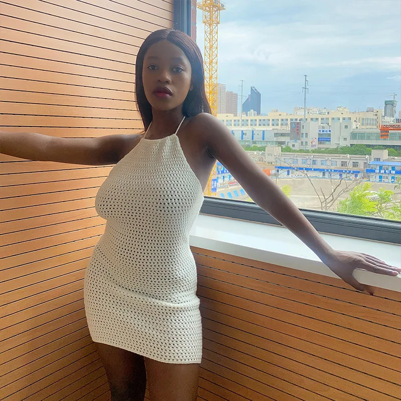 

Топы для женщин, летнее платье, новинка 2021, осенняя вязаная одежда, облегающая юбка с открытой спиной и воротником, одежда из полиэстера с пр...