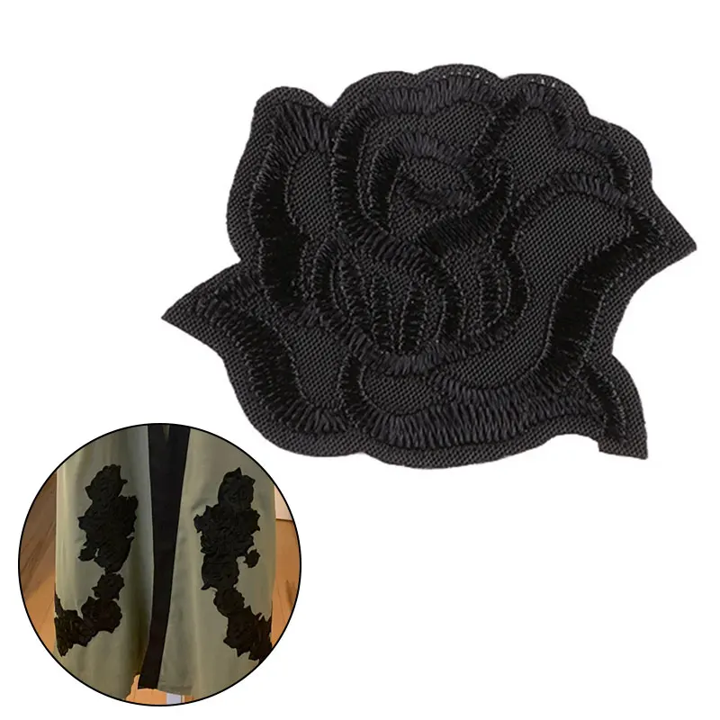 

Black Rose Flower Cloth Patches repairing Bag Cap Fabric Embroidered Clothes Sticker Sewing Clothing Accessories IronOn Applique