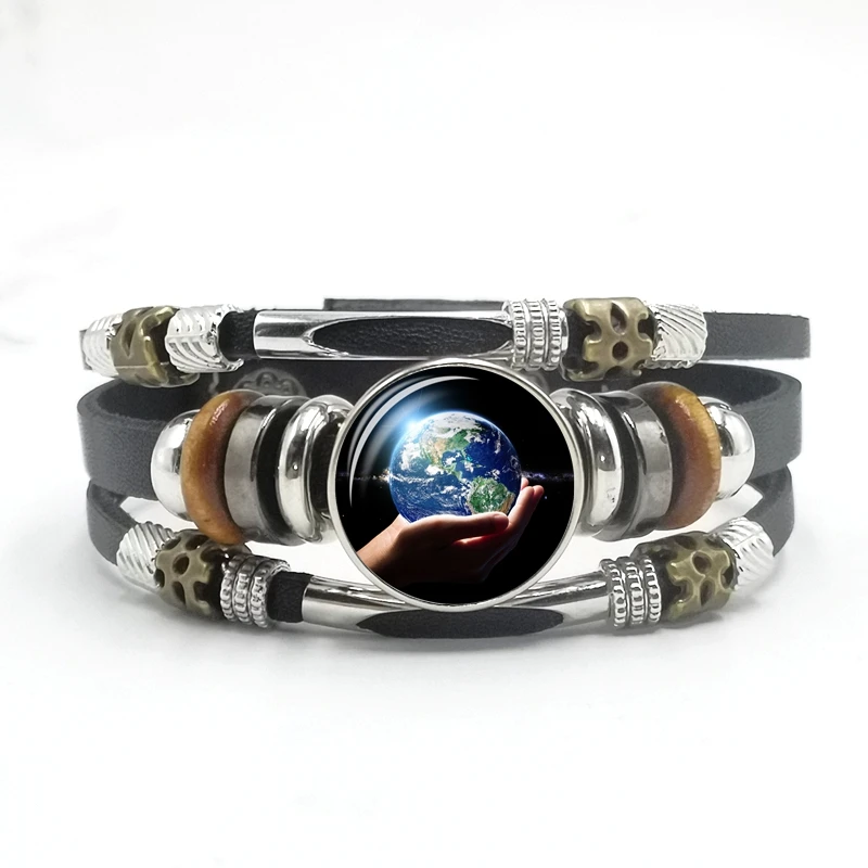 

2020 Fashion Glamour Palm Earth Bracelet Glass Cabochon Black Leather Woven Snap Bracelet Men and Women Jewelry Gift