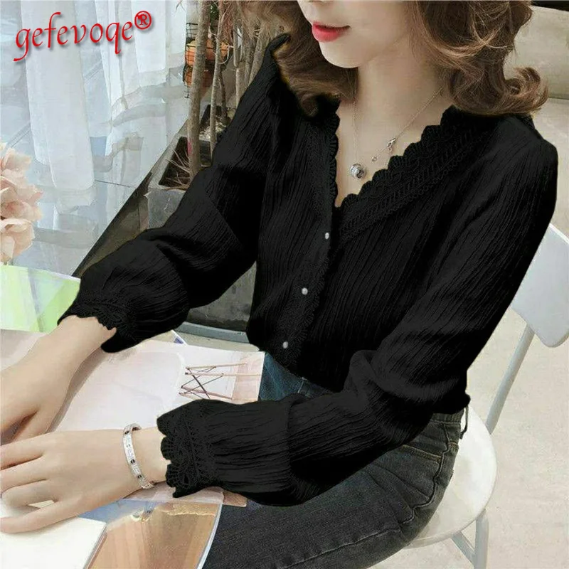 

Elegant Blouses Women's Casual V Neck Chic Lace Patchwork OL Chiffon Shirt Spring Korean Long Sleeve Blouse Top Female Clothing