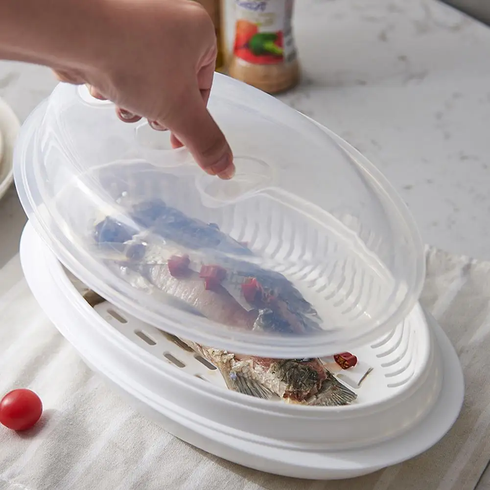 

Fish Steamer Tray Microwave Large Plate Steaming Tray With Clear Lid High Temperature Resistance Kitchen Tools