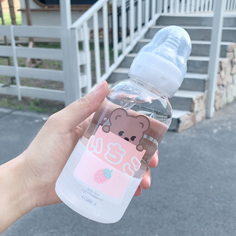 

Cute girl glass Water bottle creative fashion bear pattern personality straw cup student couple portable water cup