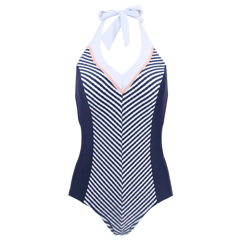 

2021 New Triangle One-piece Swimsuit Women Blue Striped Swimwear Plus Size V-neck Slim Fit Covering Belly Sexy Swim Suit Summer