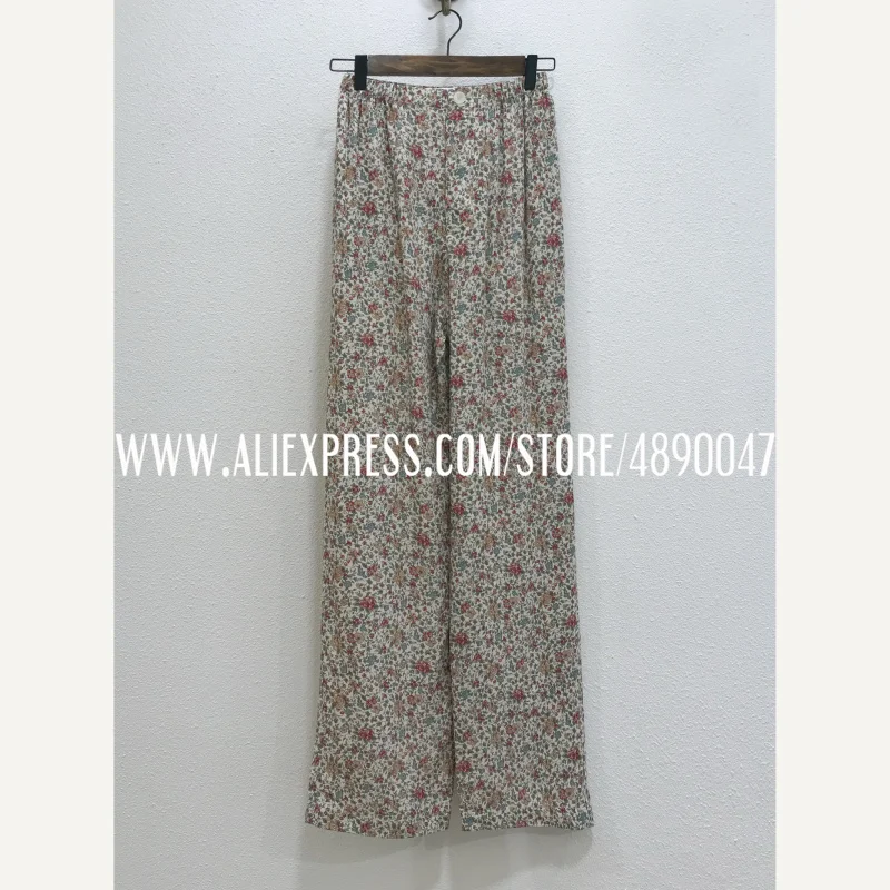 

2021 spring summer high-quality women's retro small floral stretch elastic waist wide-leg pants casual loose trousers pants