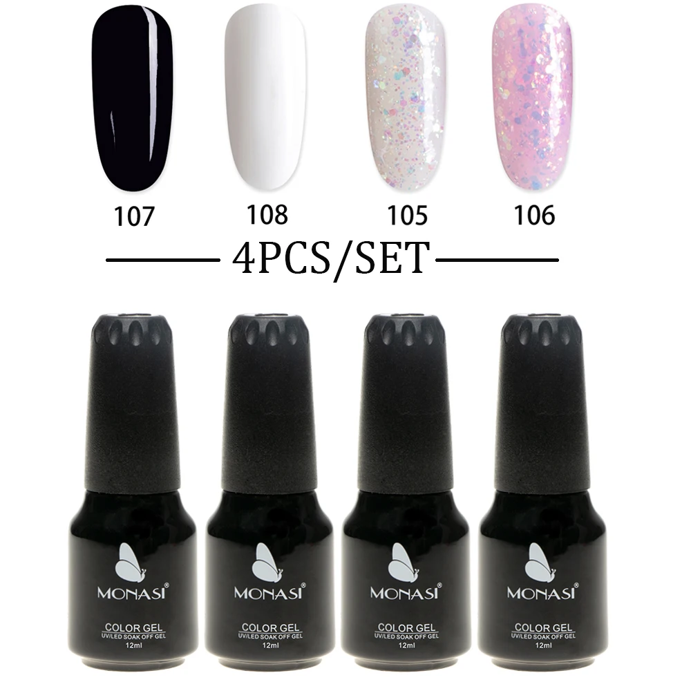 4PCS Hybrid Varnish Manicure Nail Art Gel Polish Kit Sequins Glitter Shimmers White Paint For French
