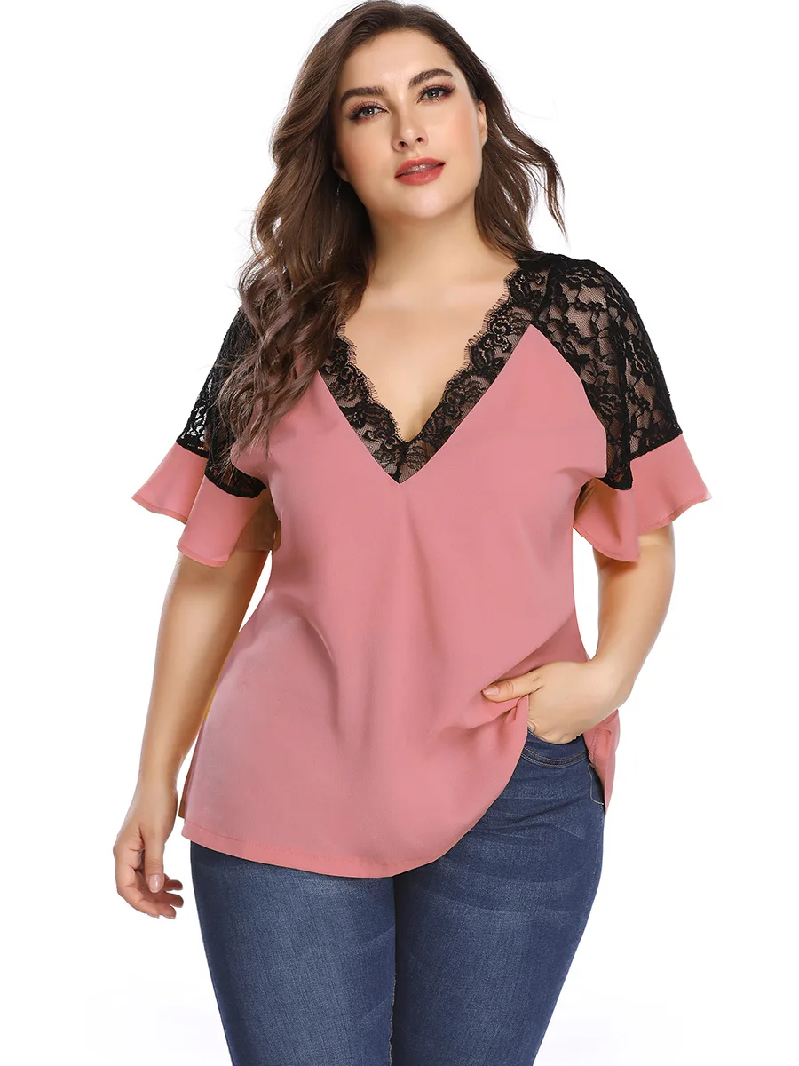 Футболка женская шифоновая с коротким рукавом свободная повседневная кружевная