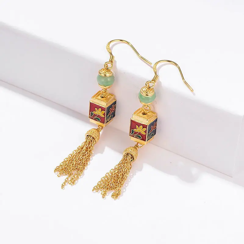 

Оригинальные новые фланец фарфоровые инкрустированные цветы натуральные нефритовые длинные серьги-кисточки элегантные роскошные женские...