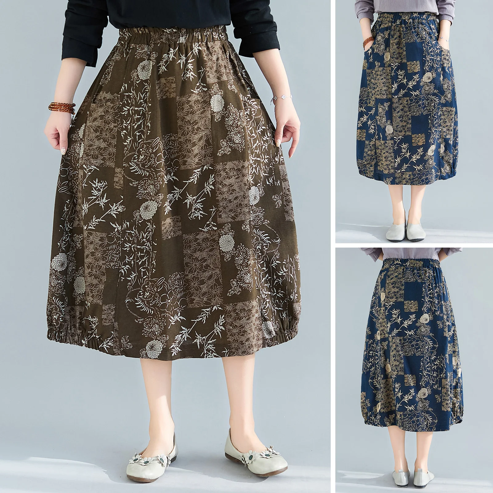 

Summer Women Skirt Linen Fabric Elastic Waist Pockets Vintage Loose Fit Elegant Fashion Midi Skirt Plus Size Casual Dress Femme