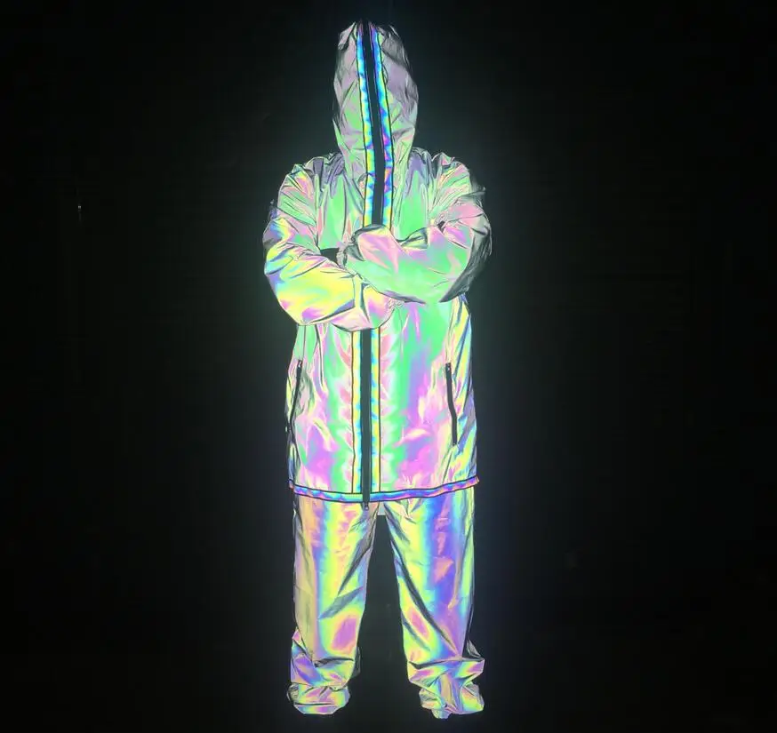 Reflective Trench Coat Men Brand Hip Hop Dance Fluorescent Mens Jackets and Coats Harajuku Windbreaker Cloak Jaqueta Masculino