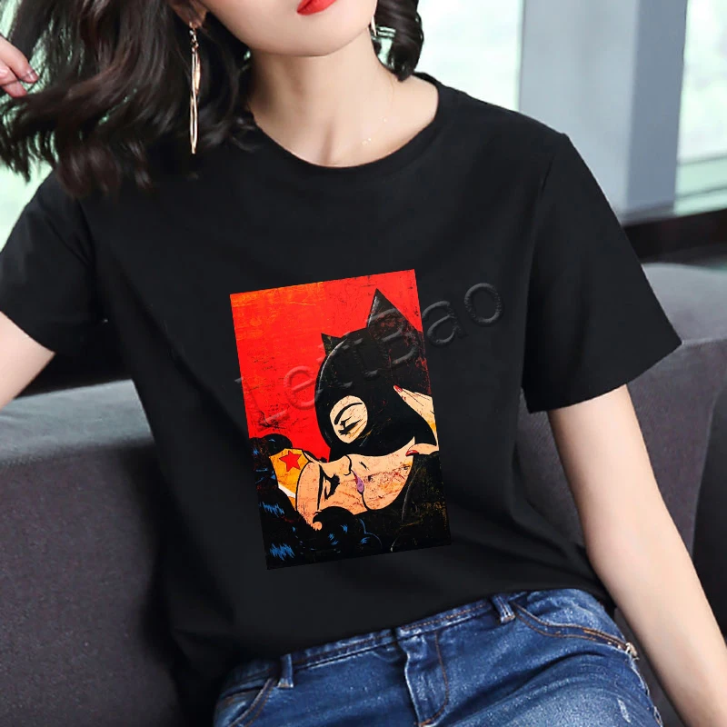 Женские черные повседневные рубашки топы Поцелуй Бэтмена и чудо-женщины мягкая