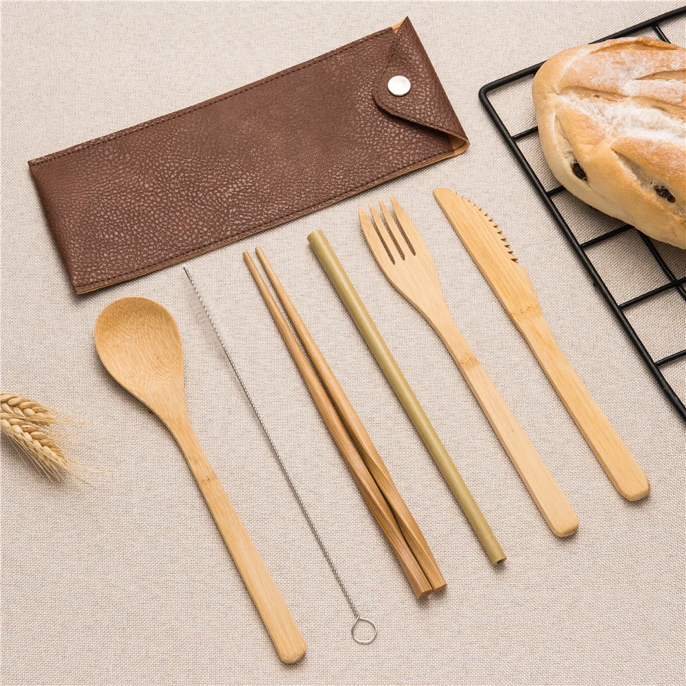 Набор деревянных столовых приборов из бамбуковой соломы набор посуды с тканевым
