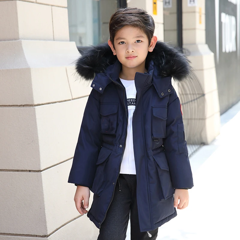 Boys Winter Jacket Goose Down Coat Kids Warm Clothes-30 with Fur Hooded Long Parks Big Boy Children Outerwear 8 10 12 14 year