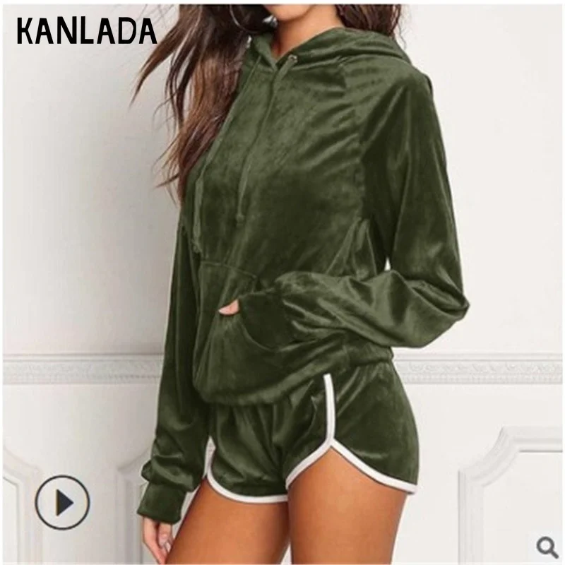 

Spring Fashion Sexy Solid Color Hooded Casual Sports Shorts Set Women's Wear Winter Tops for 2020 Fall Winter Sweatshirt Women