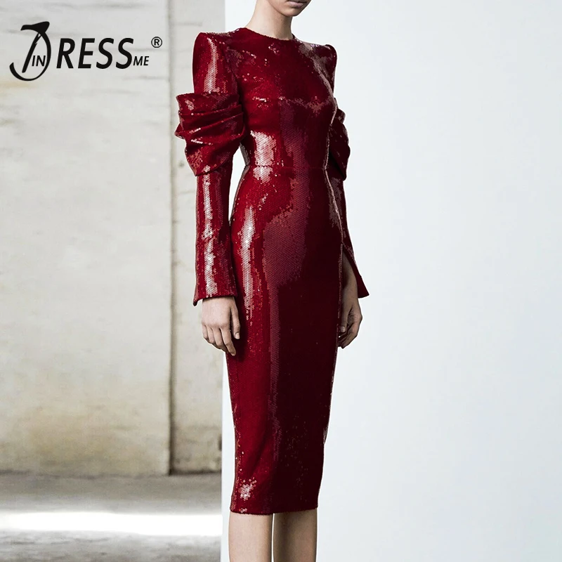 Женское облегающее платье миди INDRESSME красное вечерние нее с круглым вырезом