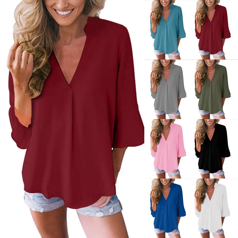 

2019 Europe Women V-Neck Chiffon Shirt Loose Butterfly Sleeve Solid Shirts Blouses Fashion Casual Shirts Summer Street Tops
