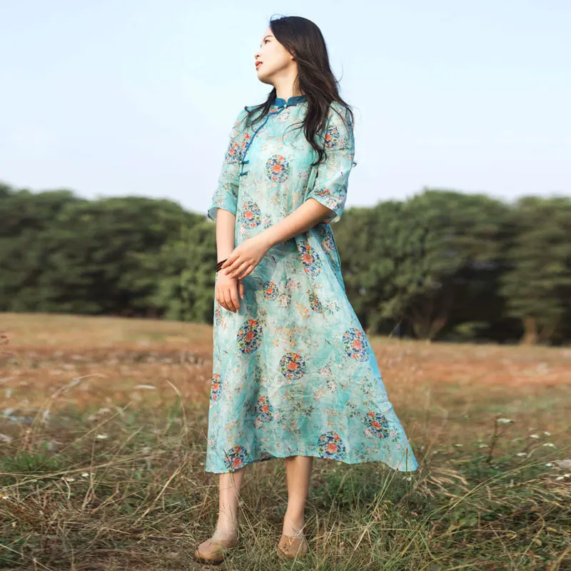 

Ethnic style digital printed ramie dress with coil button cotton linen long skirt slim cheongsam skirt
