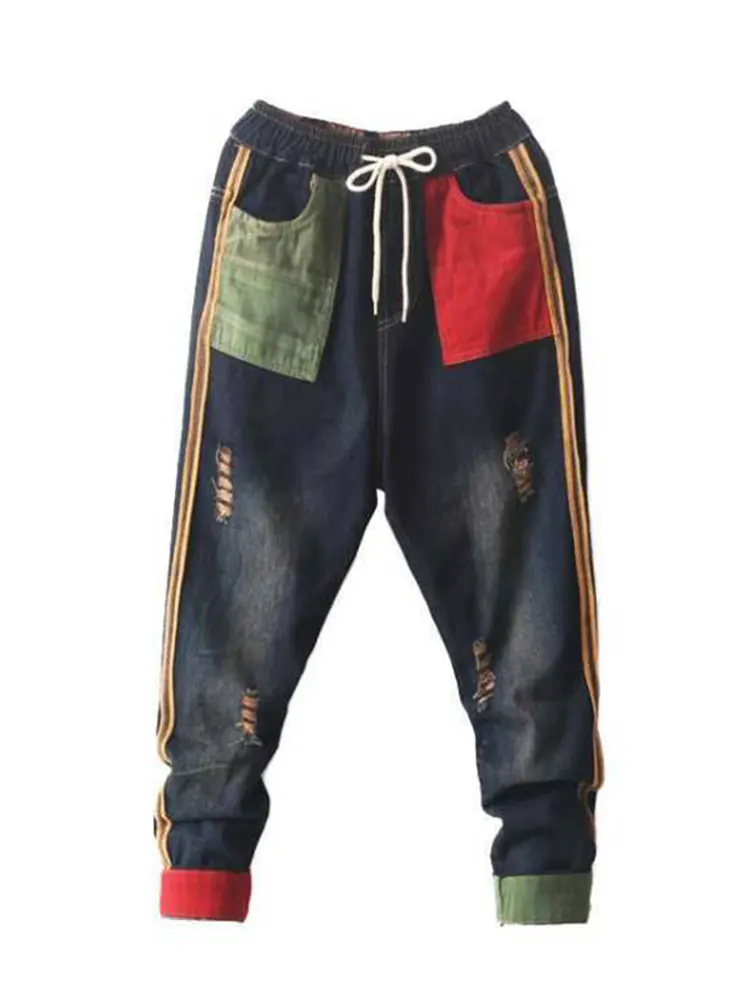

Korea Fashion Women Jeans Elastic Waist Loose Hole Vintage Denim Harem Pants Patchwork pocket Ripped Jean Pants Top quality