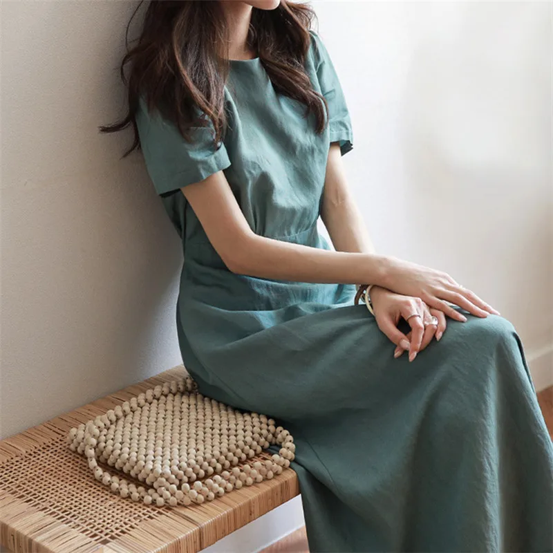 

Женское платье с круглым вырезом Johnature, однотонное свободное повседневное с короткими рукавами и поясом на резинке, в Корейском стиле, для лета, 2023