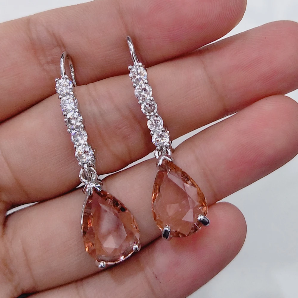 Женские серьги капельки с фианитами розовые сережки в богемном стиле Ювелирное