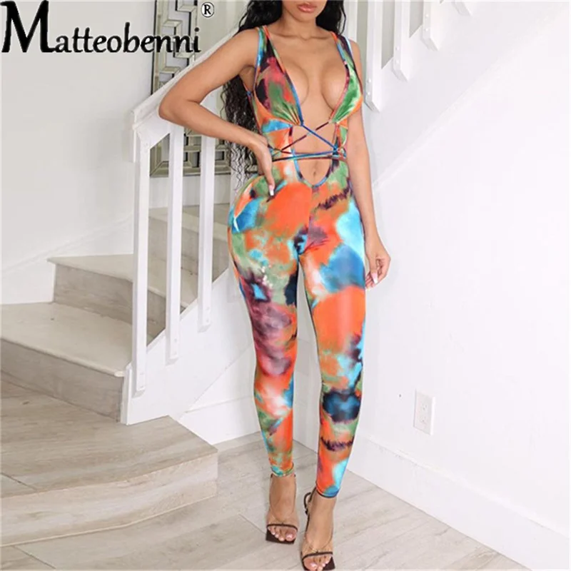 

Tie Dyeing Print Jumpsuit Rompers 2021 Sexy Women Deep V-Neck Hollow Long Pants Trousers Summer Sports Bodycon Jumpsuit Playsuit