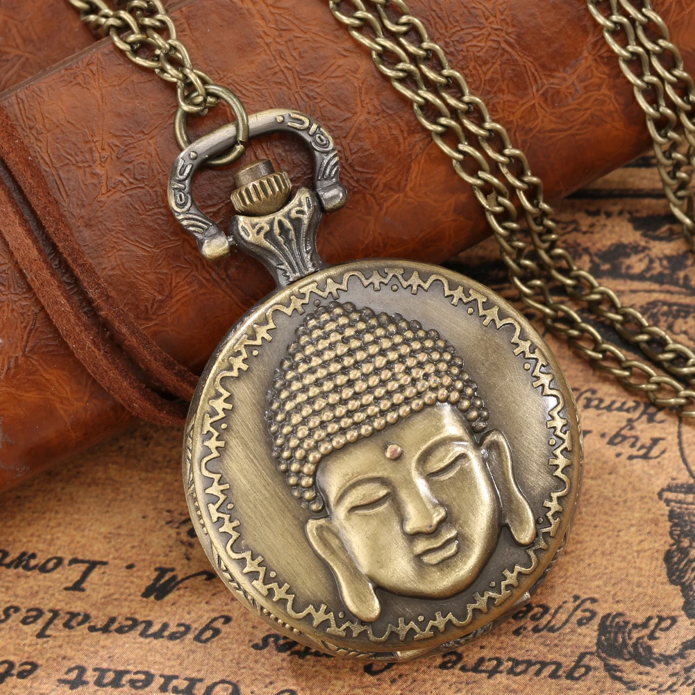 Pocket Watch Quartz Bronze Vintage Temple Pocket Watch Buddha Head Design Religious Chain Pendant Necklace Fob Watch Man Women religious style virgin mary and jesus quartz pocket watch pendant for women girls lady jewelry necklace chain watch luxury reloj