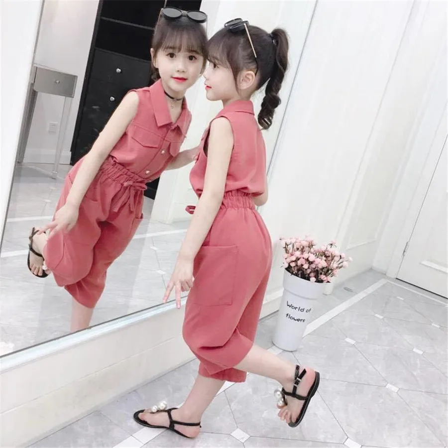 

2020 Summer Kids Girls Clothes Set sleeveless T-Shirt+Pants Outfits Girls Suit Children Clothing Sets 4 5 6 7 8 10 12 Years