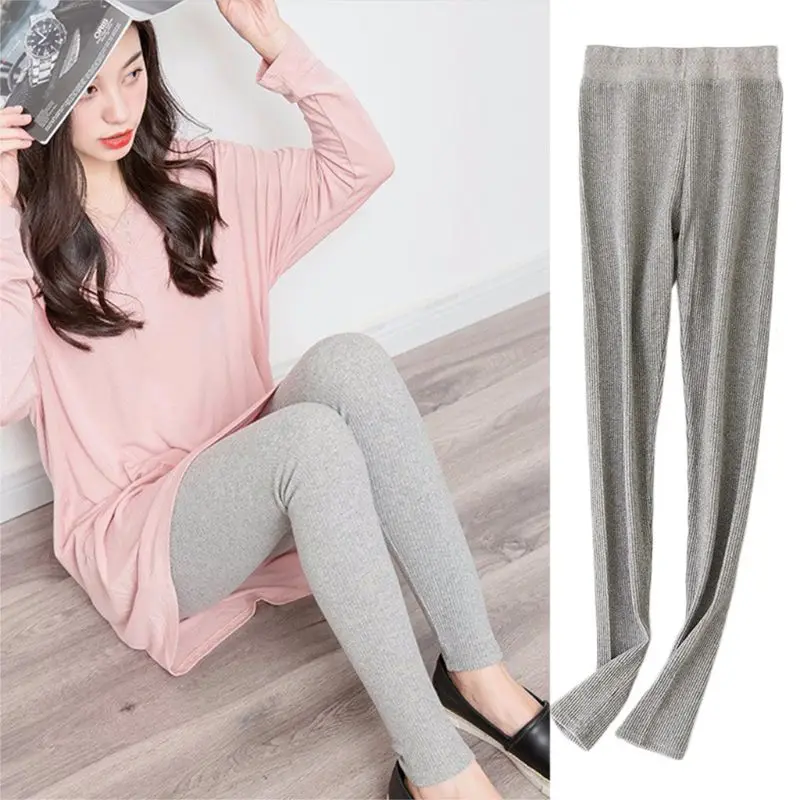 

Женские Осенние теплые хлопковые трикотажные полосатые эластичные однотонные базовые облегающие брюки до щиколотки