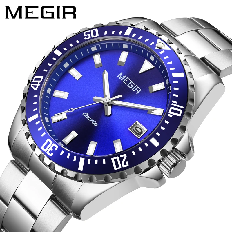

MEGIR Newest Design Water Ghost Series Blue Quartz Watch Men Fashion Stainless Steel Waterproof Luminous Hands Mens Watches