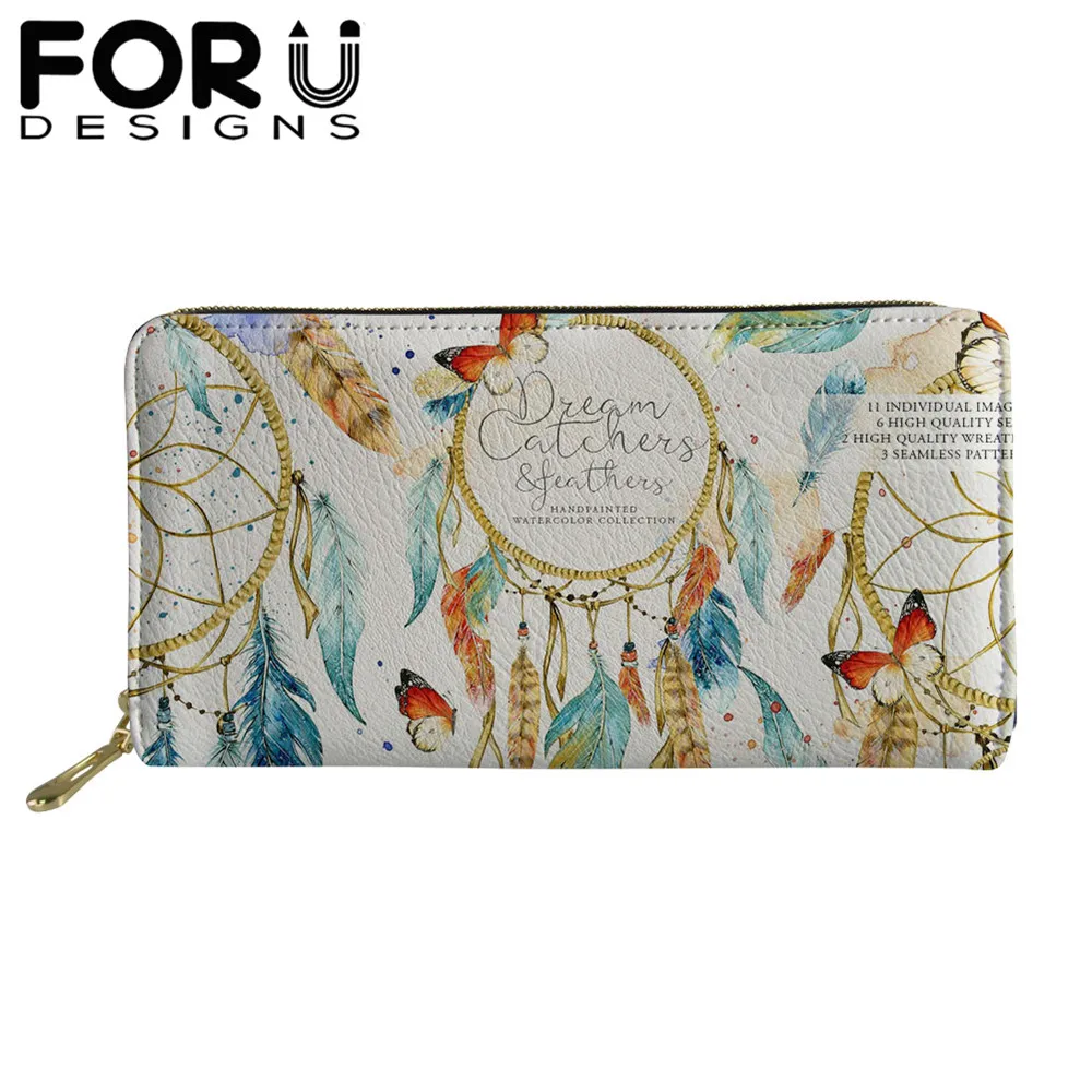 FORUDESIGNS/класса люкс из искусственной кожи Длинный кошелек перья Ловец снов принт