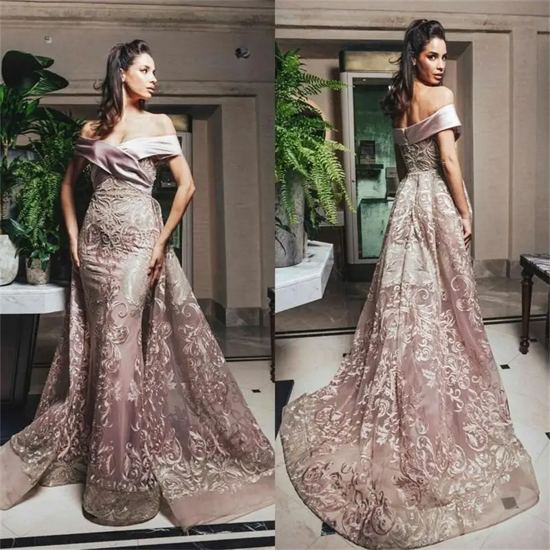

Pink Chic Prom Dresses Off-shoulder Appliqued Lace Ruched Tulle Chic Evening Dresses With Detachable Train Custom Made Formal Pa