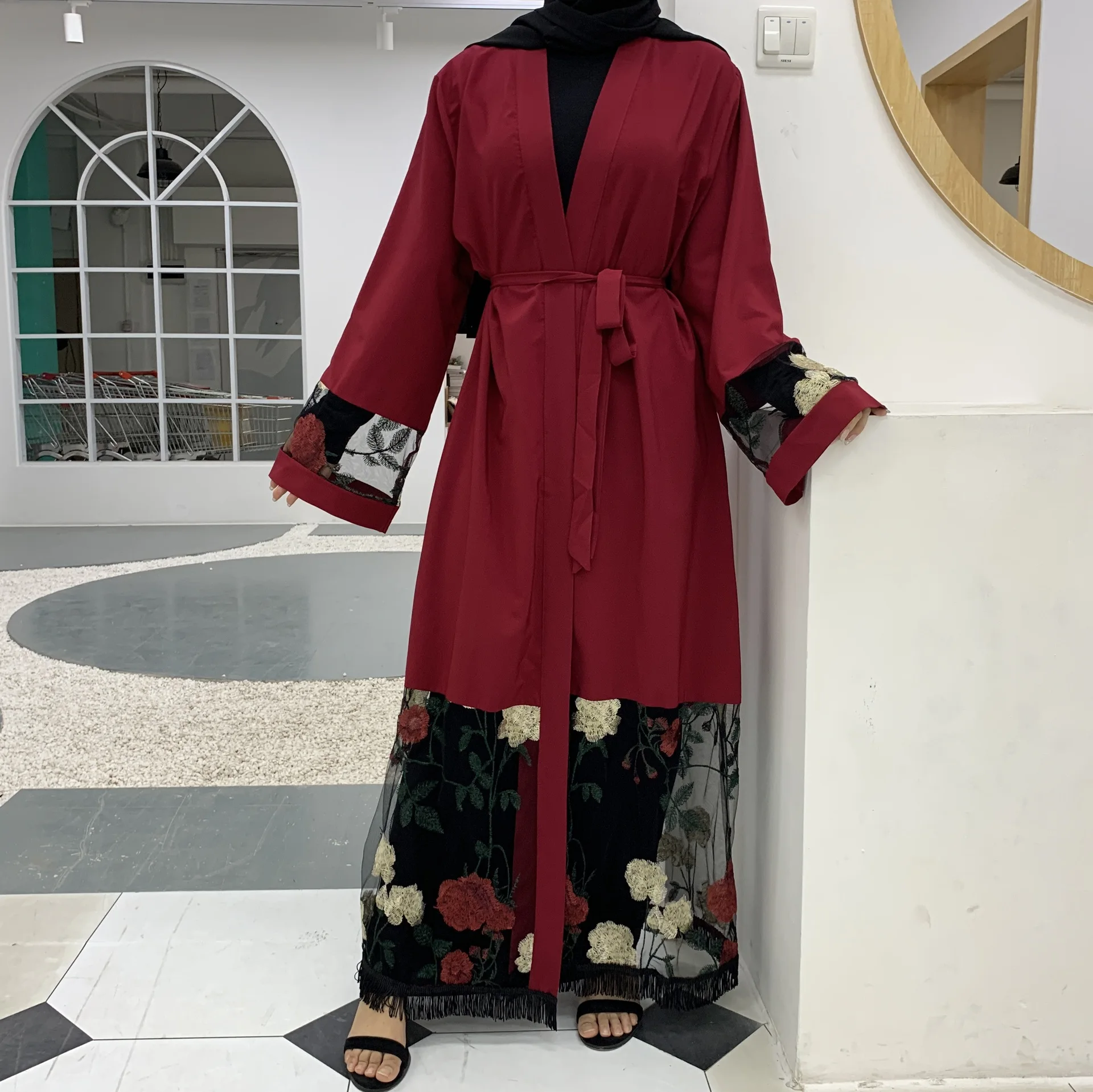 

WEPBEL New Cardigan Floral Flower Women Long Open Dress Embroidery Turkish Islamic Muslim Abaya Kimono Full Sleeve High Waist