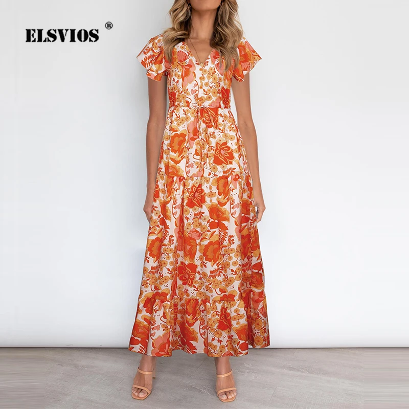 

Женское Повседневное платье с V-образным вырезом и оборками, длинное пляжное платье в стиле бохо с цветочным принтом, элегантные вечерние пл...