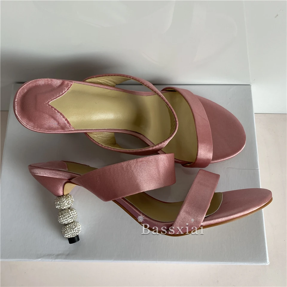 

Unique Beading Crystal Heel Summer Sandals Women Luxury Satin One-Strap Open Toe High Heels Party Sandalias Mujer