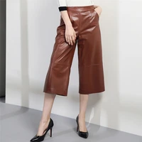 2019 autumn winter womens real leather wide leg pants fashion women sheepskin high quality high waist leather capri pants a838
