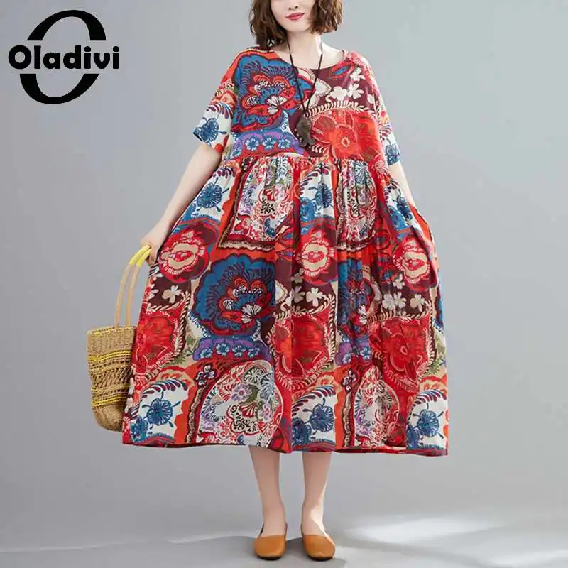 Oladivi размера плюс с модным принтом Летнее хлопковое льняное платье для женщин