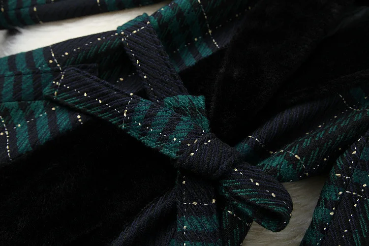 

European and American Women's Wear 2020 Winter New Style Long Sleeve Lapel Lace-up Fashionable Green Plaid Tweed Coat