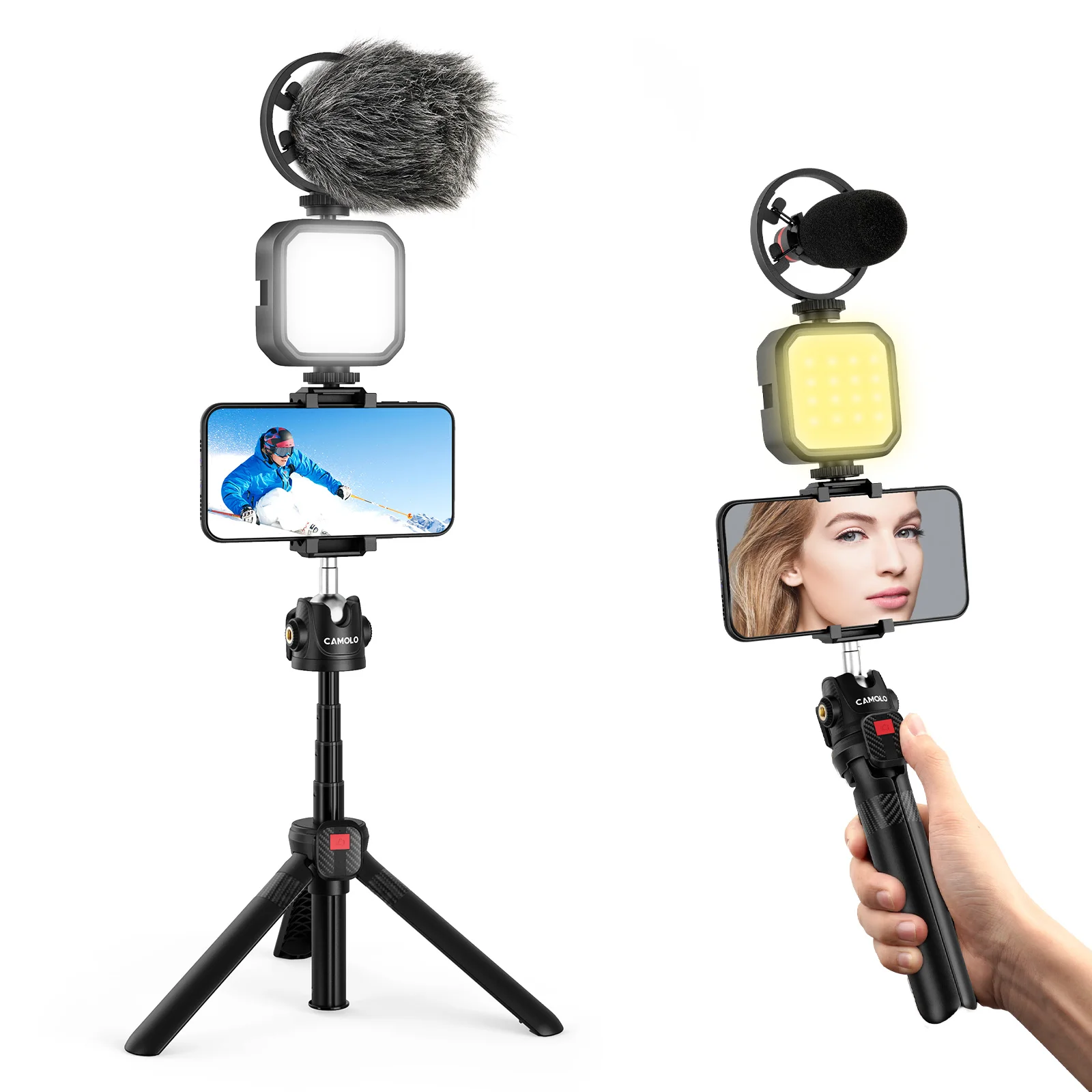 

CAMOLO Wireless Bluetooth Remote Control Vlogging Kits Microphone Fill Light Lamp Phone Clamp and Tripod with Ballhead