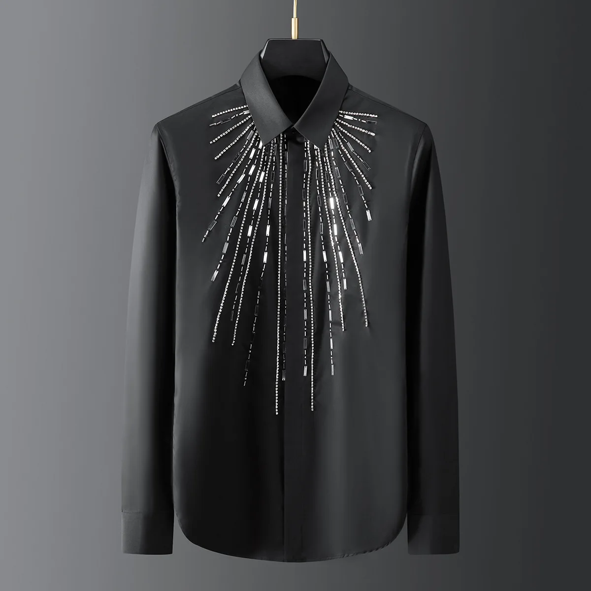 

New Handmade Geometric Metal Sheet Sewing Men's Shirt Personality Long-sleeved Luxury Shirt Social Party Stage Star Chemise Homm