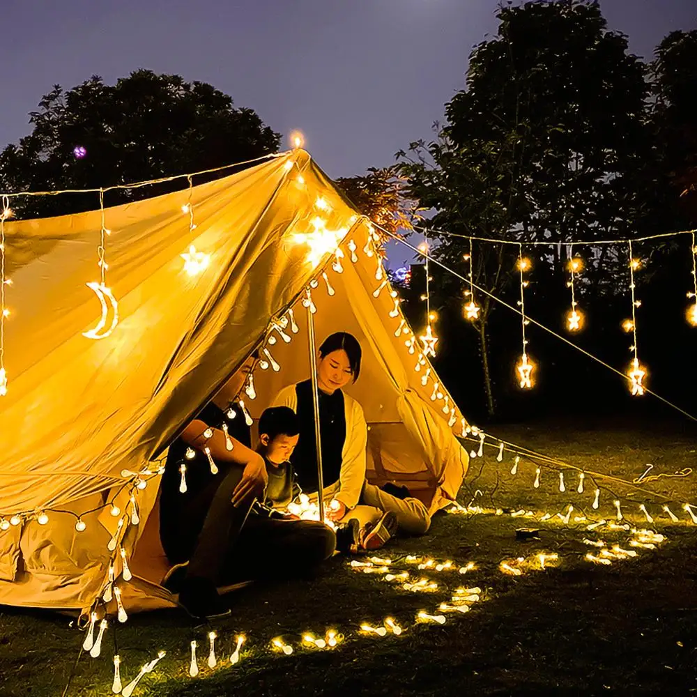 

Solar Powered LED Curtain Lights With Stars Moons Dimmable 8 Lighting Modes With Timer Twinkle String Lights