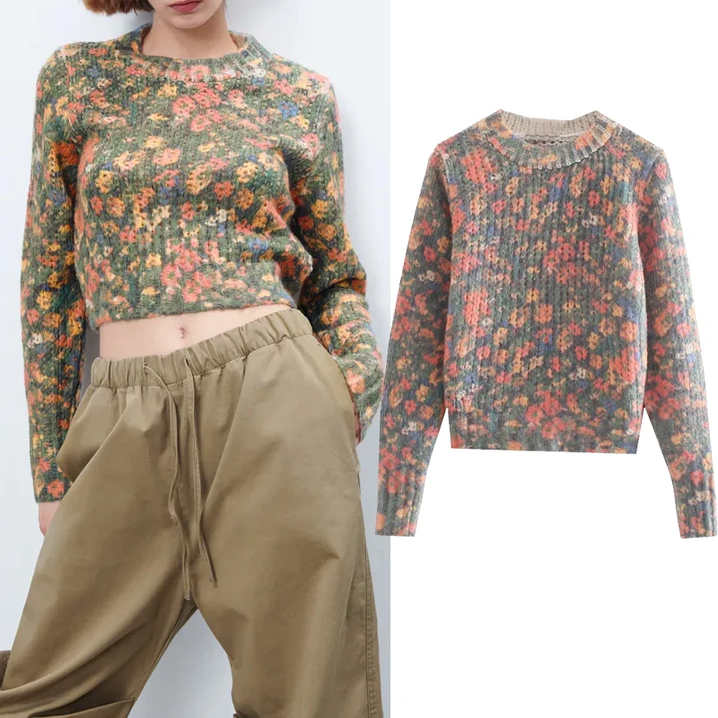 

YMQL Za Floral Sweater Women Knitted Cropped pullover Woman Long Sleeve Flower print pullover Korean Fashion Vintage Sweater