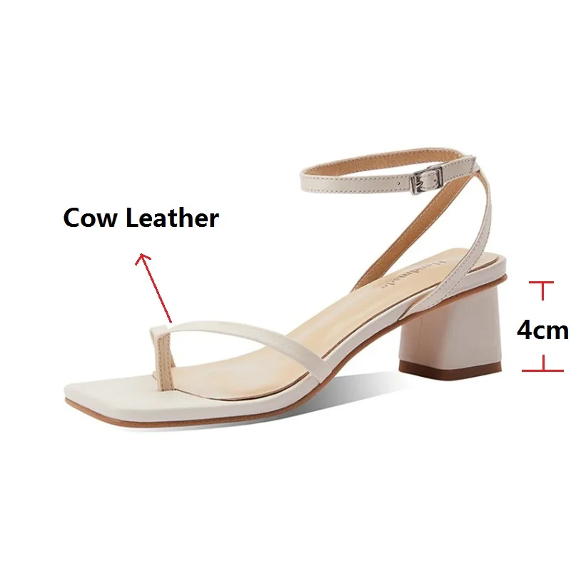 

LeShion Of Chanmeb High Quality Natural Cow Leather Sandals Women Ankle Strap Buckled Square Peep Toe Beige Sandals Heeled Shoes