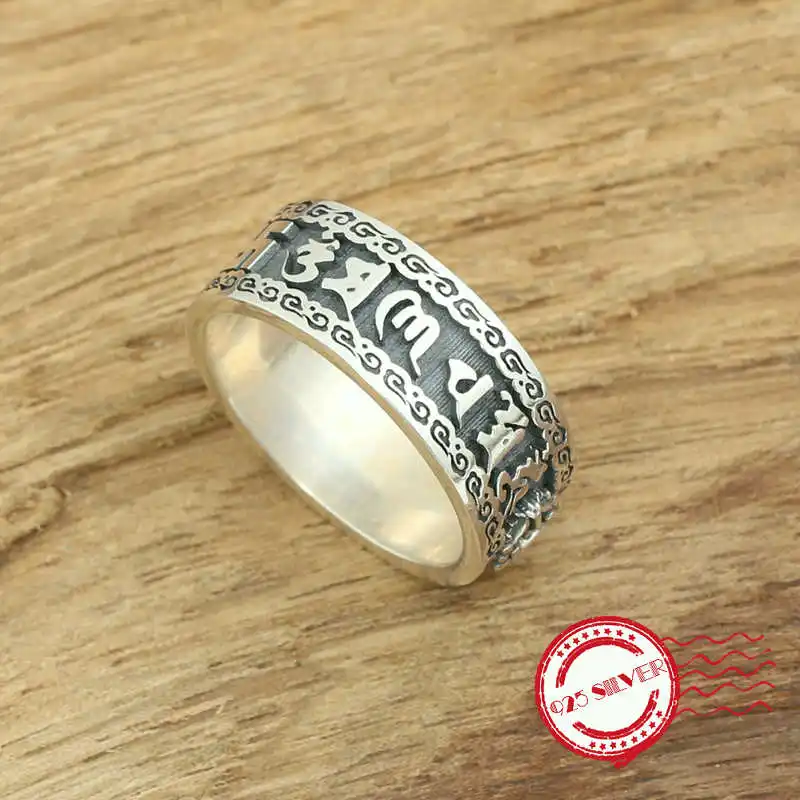 

S925 sterling silver men's ring jewelry handmade retro classic style six words mantra style 2018 new gift to send lover