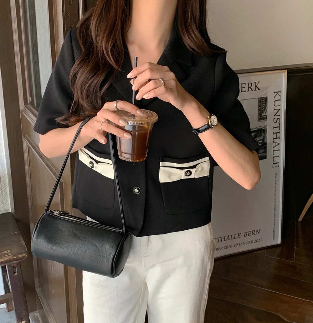 

Korejpaa Women Jacket 2021 Summer Korean Chic Ladies French Temperament Lapel Double Pockets Three Buttons Short-Sleeved Blazers
