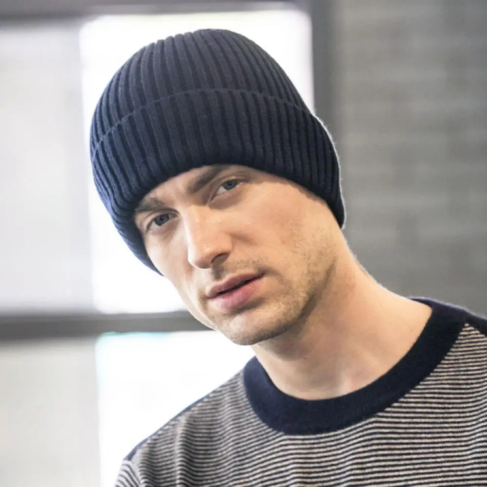 

Men Beanie Hat Winter High Elastic Warm-keeping Knitted Cotton Thickened For Ladies Skullcap Solid Knitted Thick hat