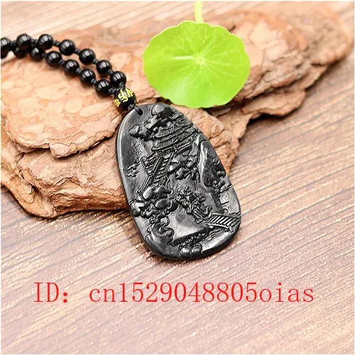 Китайский натуральный черный зеленый нефритовый пейзаж кулон ожерелье