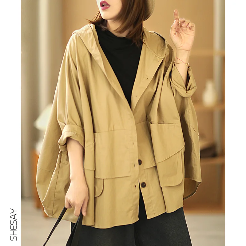 

Oshoplive Urban Buttoned Solid Color Hooded Batwing Sleeve Loose Outerwear For Women Casual Loose Coat Women Jacket Women